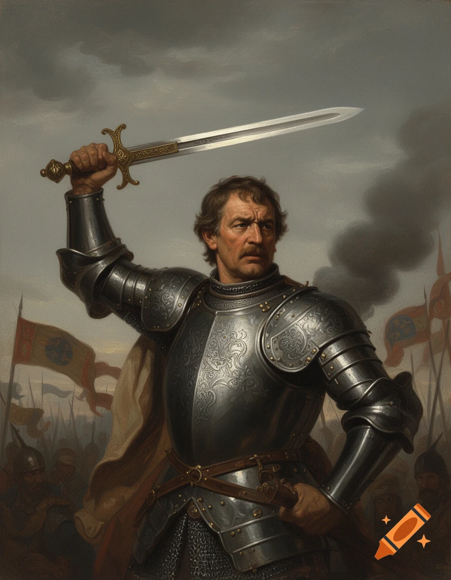 Painted portrait of Charles Martel in armor, furiously raising a sword on a battlefield with flags and soldiers.
