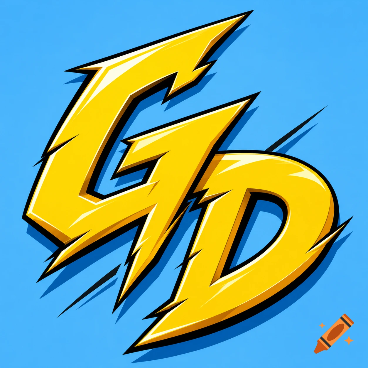 Stylized yellow letters G and D with lightning bolt elements and black outlines, casting blue shadows on a light blue background.