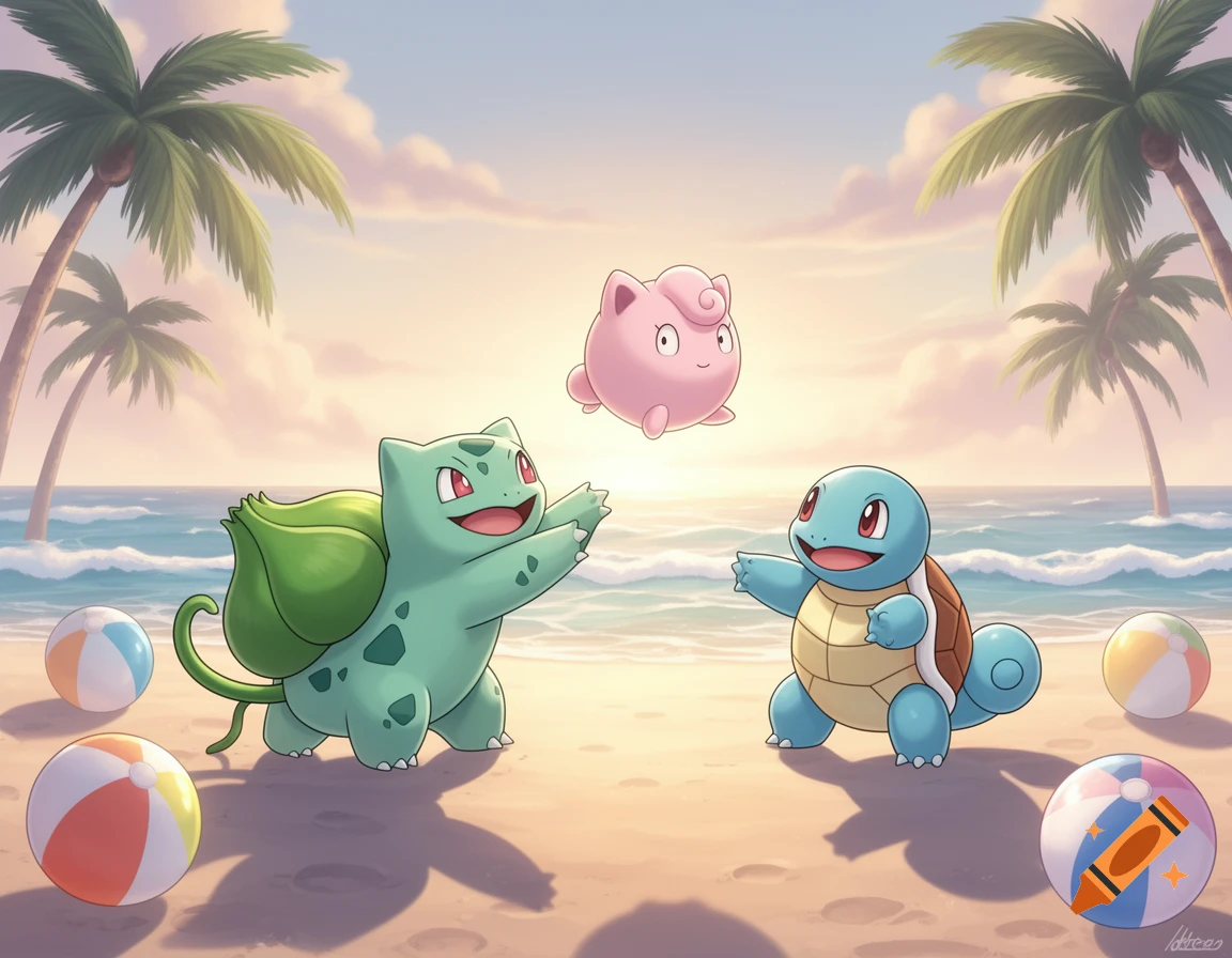 A cartoon illustration of Bulbasaur and Squirtle playing with Jigglypuff on a sunny beach with palm trees.