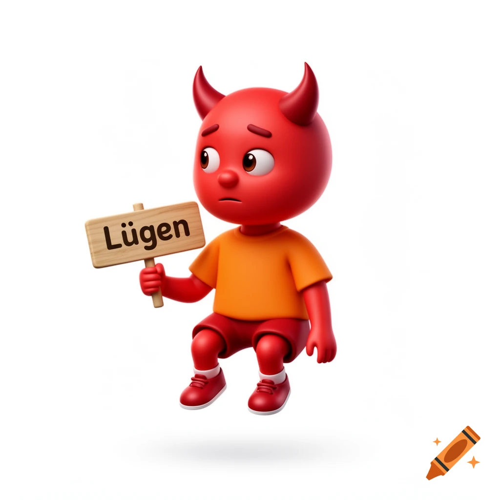 A cute, stylized red devil emoji-like character with horns, wearing an orange shirt, red shorts, holding a wooden sign that says "Lügen" (lies).
