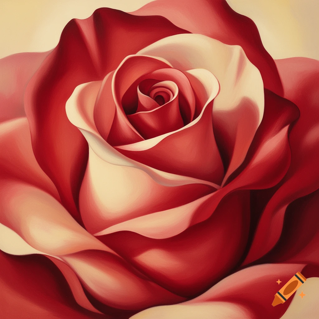 Extreme close-up painting of a red and cream rose in the style of Georgia O'Keeffe.