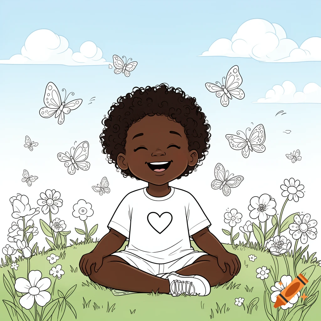 Happy Black child sitting in a flowery field with butterflies, cartoon coloring page style.