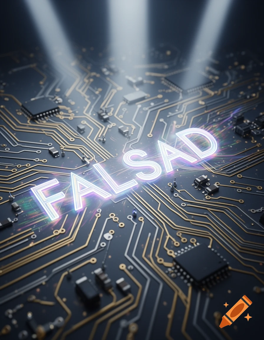 Glowing "FALSAD" text on a detailed, futuristic circuit board with illuminated pathways and components.