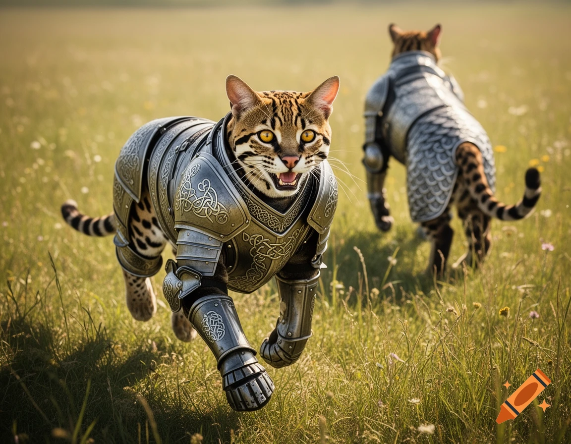 A photorealistic ocelot in ornate plate armor snarls while running through a grassy field, another armored ocelot is in the background.