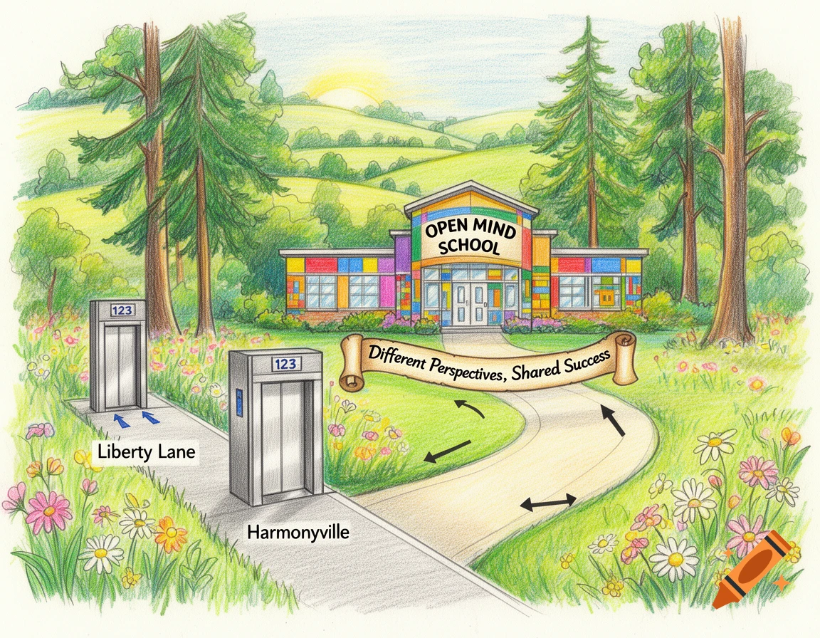 Crayon illustration of the 'Open Mind School' building in a green landscape, with two elevators on paths named 'Liberty Lane' and 'Harmonyville'.