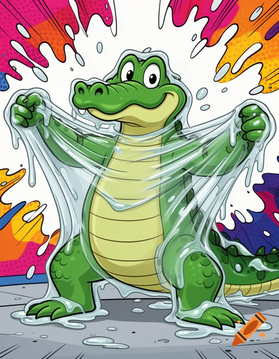 A cartoon alligator in 90s Disney style, covered in clear, stretchy slime, pulling against it with a colorful splash background.