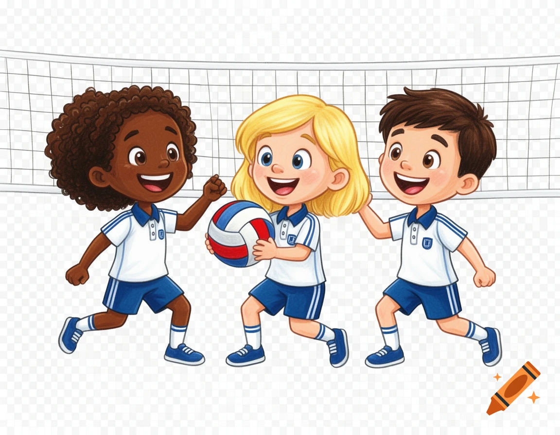 Cartoon illustration of three smiling diverse children in sports uniforms playing volleyball in front of a net, one holding the ball.