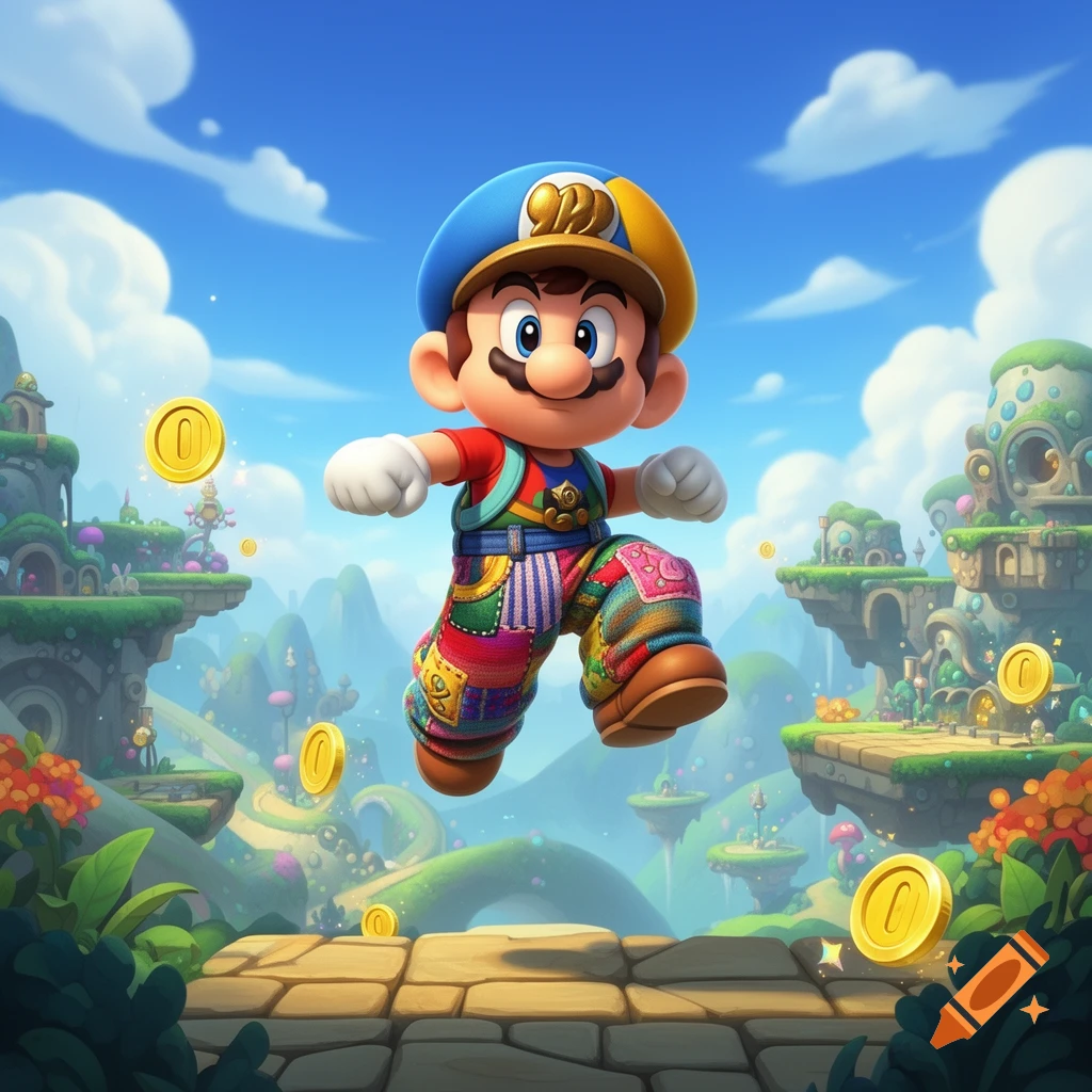 A vibrant, cartoonish Mario-like character in a patchwork outfit jumps over stone blocks in a fantastical platformer world with floating islands and golden coins.