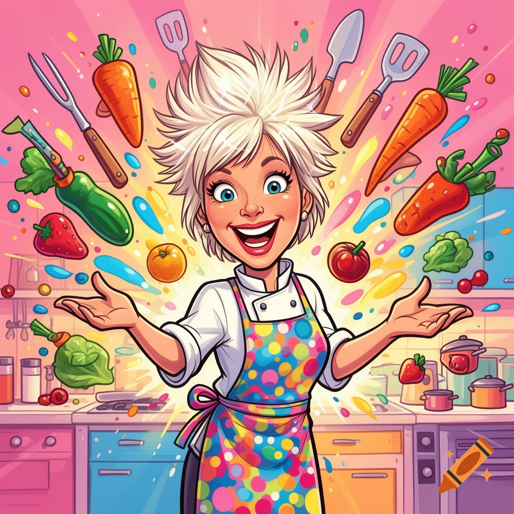 A cartoon chef with spiky blonde hair, a colorful polka-dot apron, and a wide smile stands in a kitchen with various vegetables and kitchen tools floating around her.