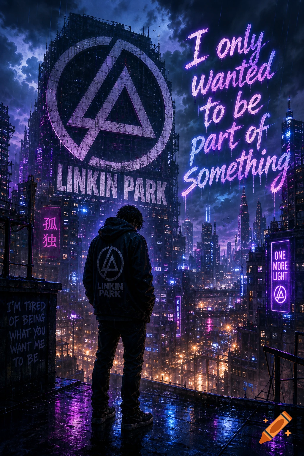 A person stands on a rainy rooftop overlooking a neon-lit cyberpunk city at night, with Linkin Park logos and lyrics glowing on buildings.