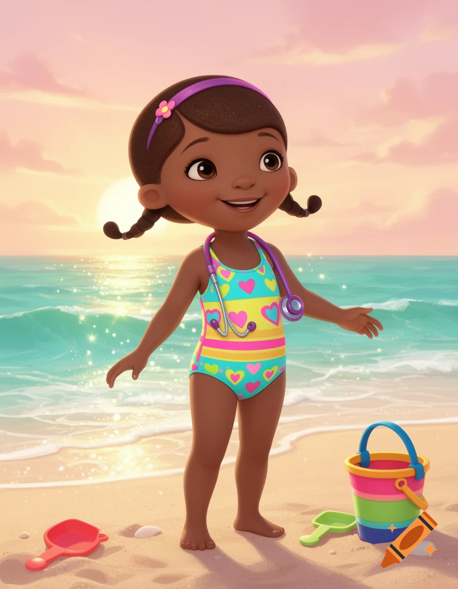 Cartoon Doc McStuffins in a colorful swimsuit and stethoscope, smiling on a sandy beach with beach toys at sunset.