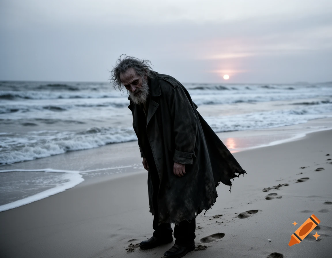 A disheveled old man in a trench coat stands on a sandy beach, looking down. Waves crash at sunset in the background.