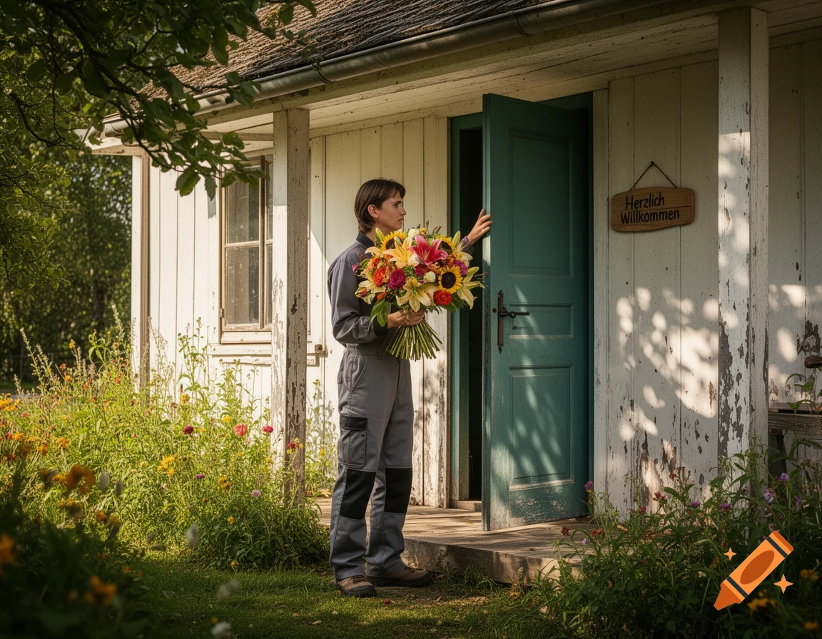 A person in a gray jumpsuit holds a large, colorful bouquet of flowers on the porch of a rustic white farmhouse with a "Welcome" sign. Photorealistic.