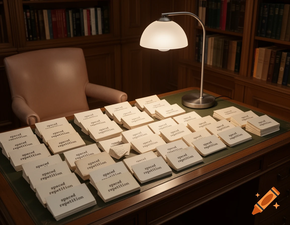 Numerous stacks of flashcards labeled 'spaced repetition' on a wooden desk with a lamp, a chair, and bookshelves in a study.