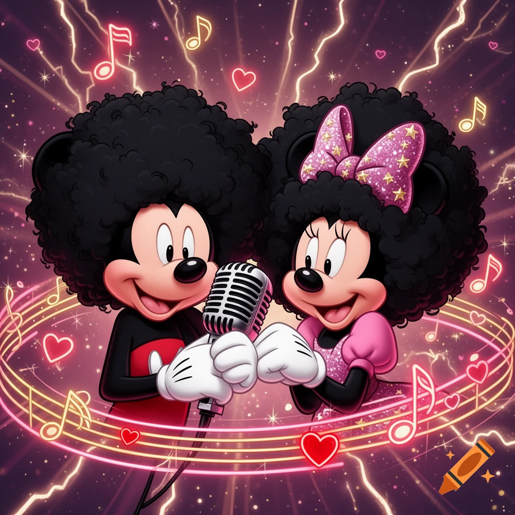 Mickey Mouse and Minnie Mouse with afro hair sing into a microphone, surrounded by glowing musical notes, hearts, and stars in a vibrant, illustrative style.