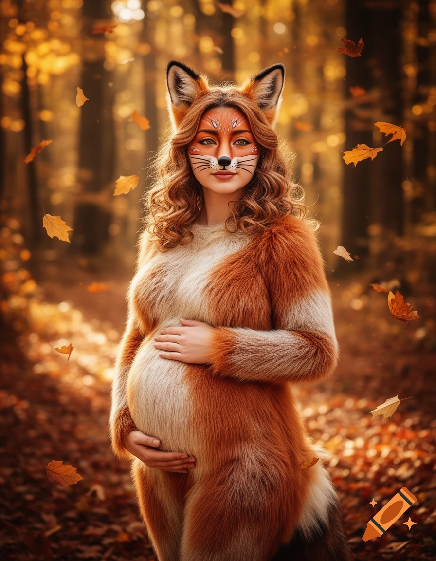 A pregnant woman in a fox costume with face paint, standing in an autumn forest with falling leaves.