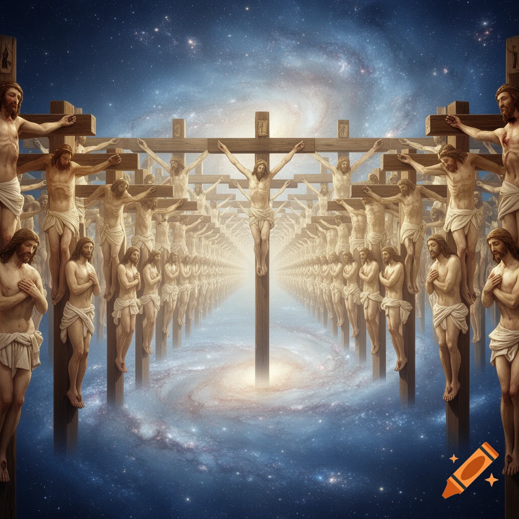 An endless array of figures resembling Jesus on crosses stretching into the cosmic distance, set against a galaxy backdrop.