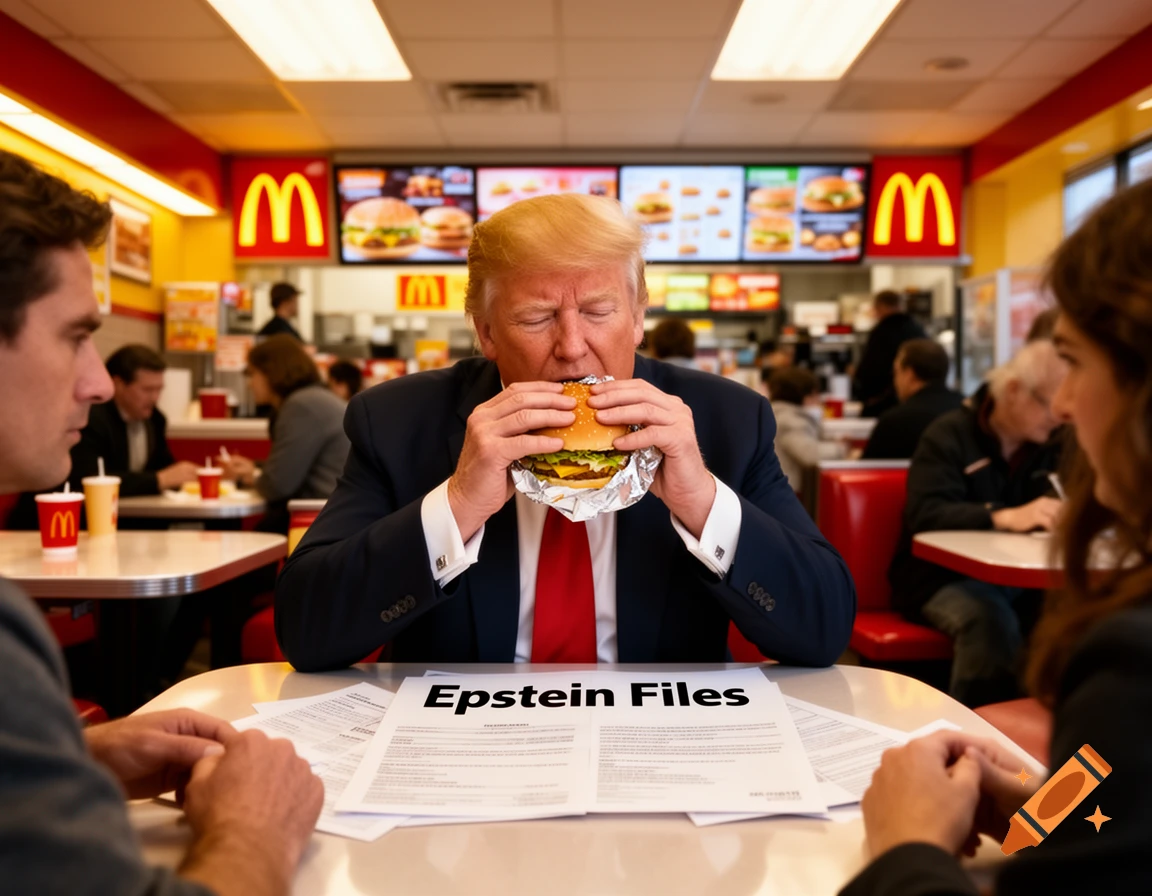 Donald Trump in a suit and red tie eating a burger at a McDonald's table with papers labeled "Epstein Files" in front of him, while two other people sit nearby.