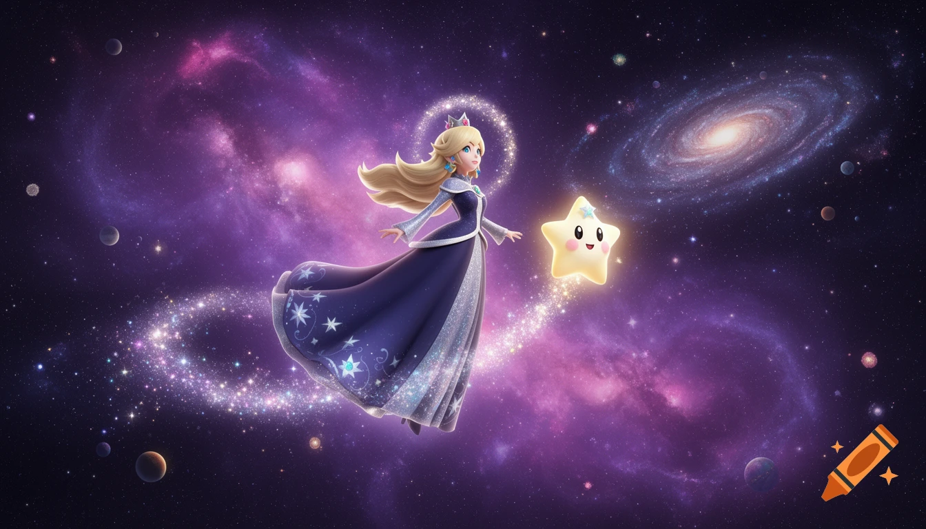 Princess Rosalina in a blue gown and Luma, a smiling star, fly through a vibrant purple galaxy with swirling stars and planets.