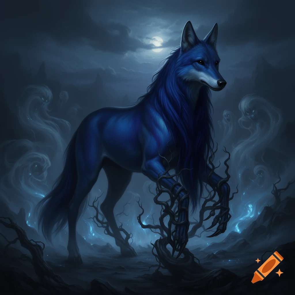 A dark blue wolf-horse hybrid with a long mane and talons stands in an eerie, moonlit landscape with glowing fog and ghostly figures.