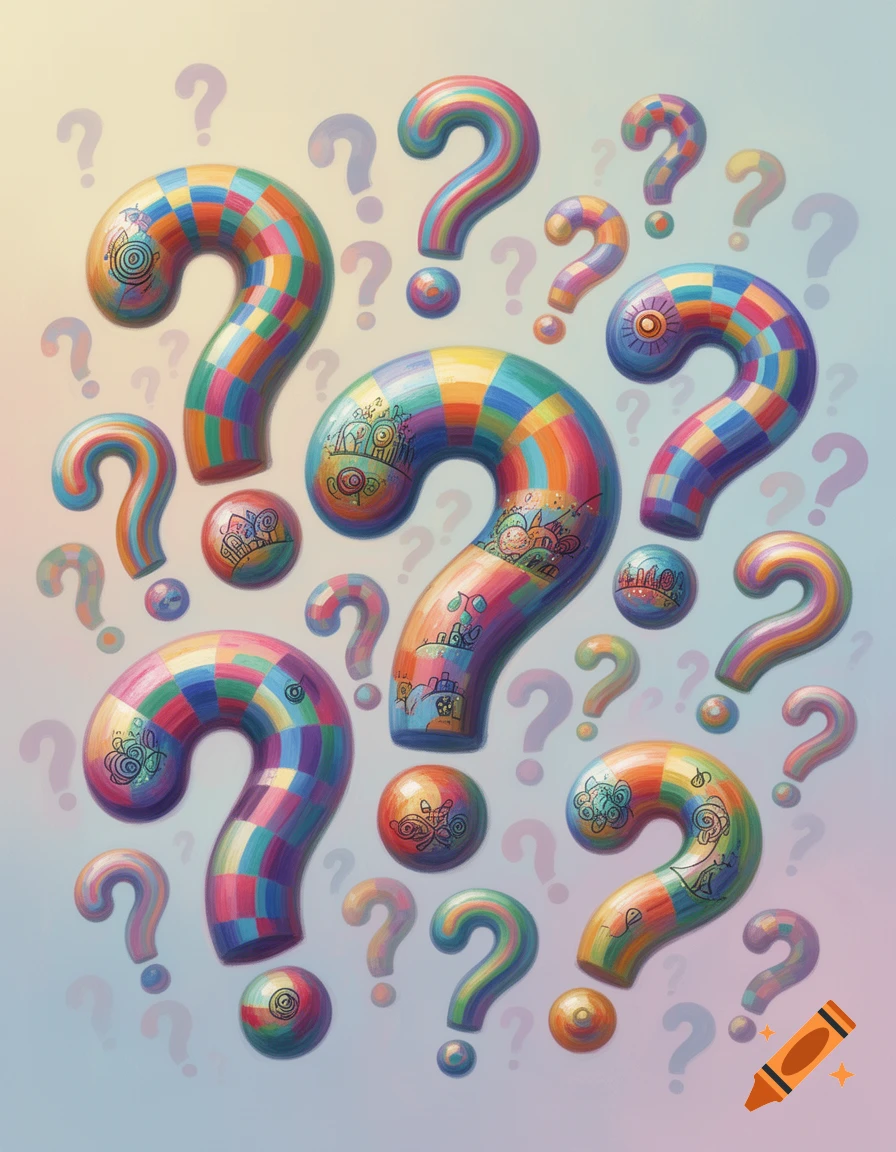 Many colorful question marks in various sizes, some with stripes, checkerboard patterns, and whimsical drawings, floating against a soft gradient background.
