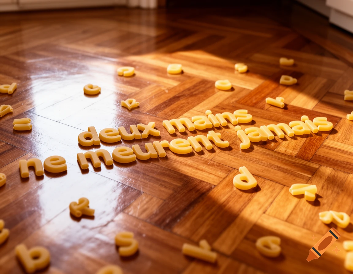 Alphabet pasta spelling "deux mains ne meurent jamais" on a sunny wooden parquet floor.