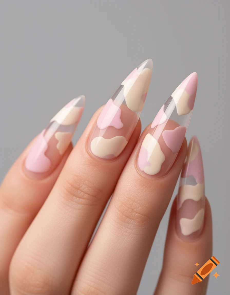 Close-up of a hand with long stiletto nails featuring a pastel pink and cream cow print on a clear base.
