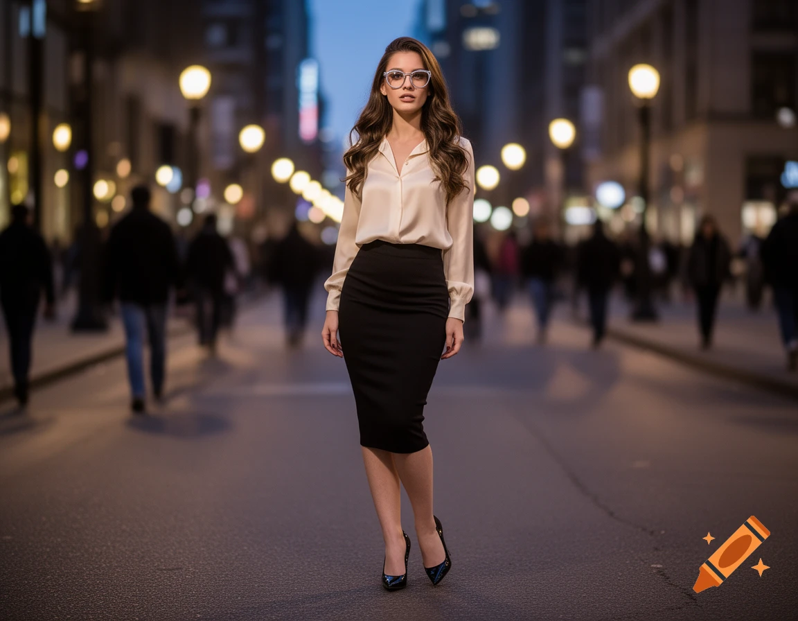 A photorealistic image of a woman in a cream blouse, black pencil skirt, and glasses, standing on a city street at dusk.