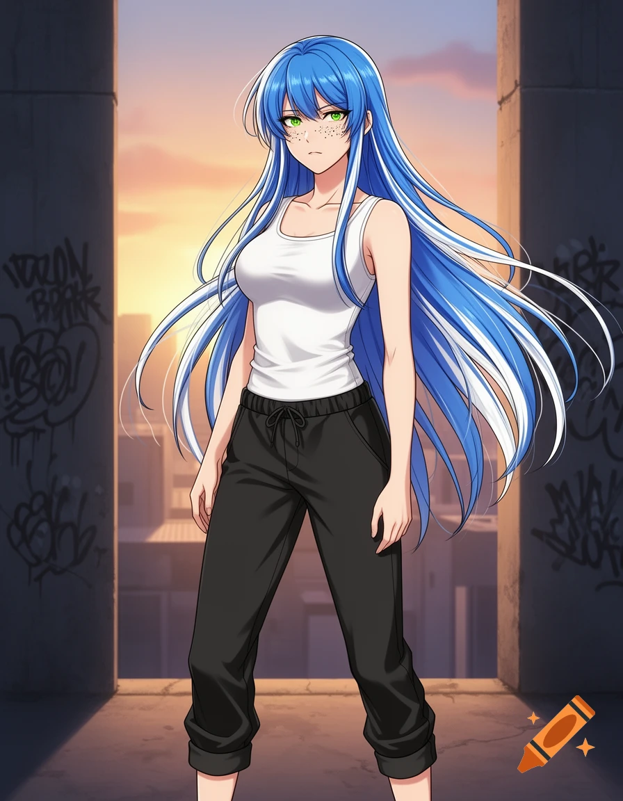 An anime woman with long blue hair and green eyes stands in a gritty urban setting at sunset, wearing a white tank top and black sweatpants.