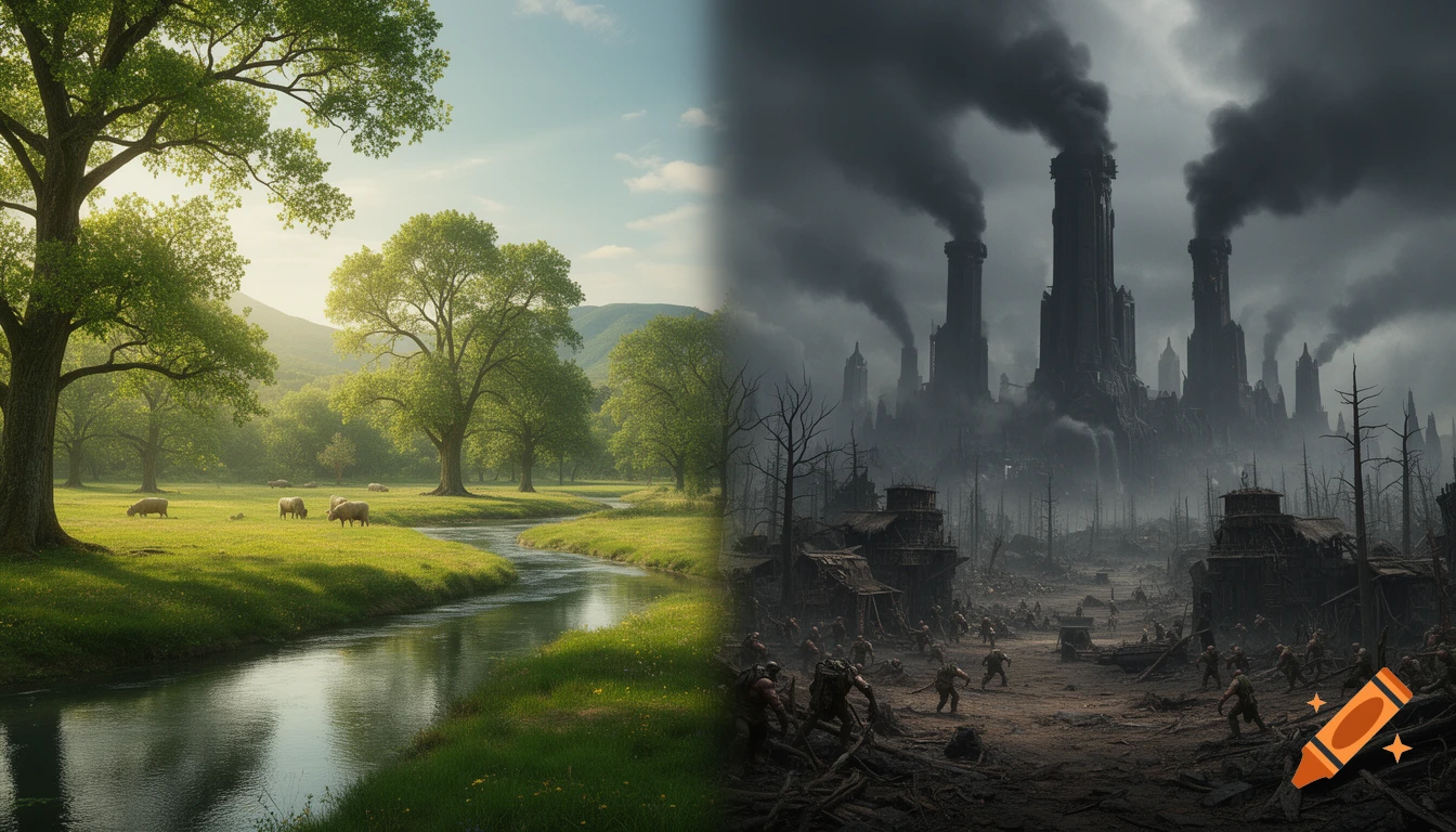 Split image showing a lush green landscape with a river and sheep on one side, contrasted with a dark, smoking industrial wasteland with orcs.