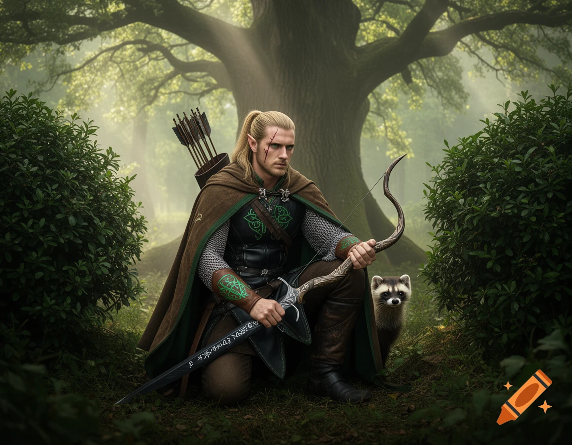 A stoic blonde elf warrior with a scarred face kneels in a forest, holding a bow and a runic sword, with a raccoon peeking from behind.