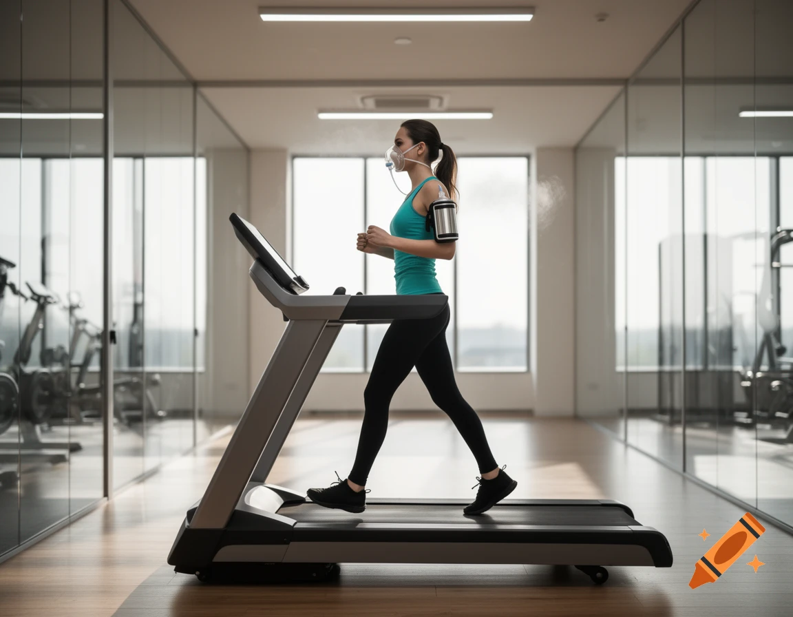A woman wearing an aerosol mask walks on a treadmill in a modern gym with large windows.