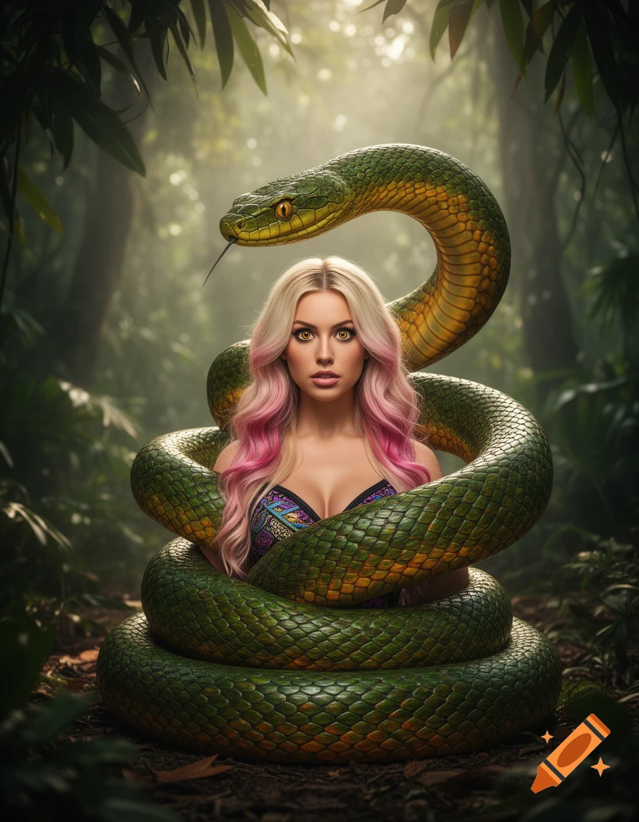 A woman with blonde and pink hair, wide golden eyes, and a colorful top is entwined by a giant green and yellow snake in a lush jungle, in a photorealistic style.