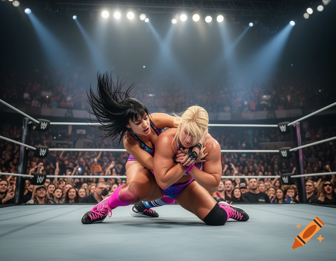 Two women wrestlers, one with black hair and one blonde, grapple in a brightly lit ring during a match as a large crowd watches.