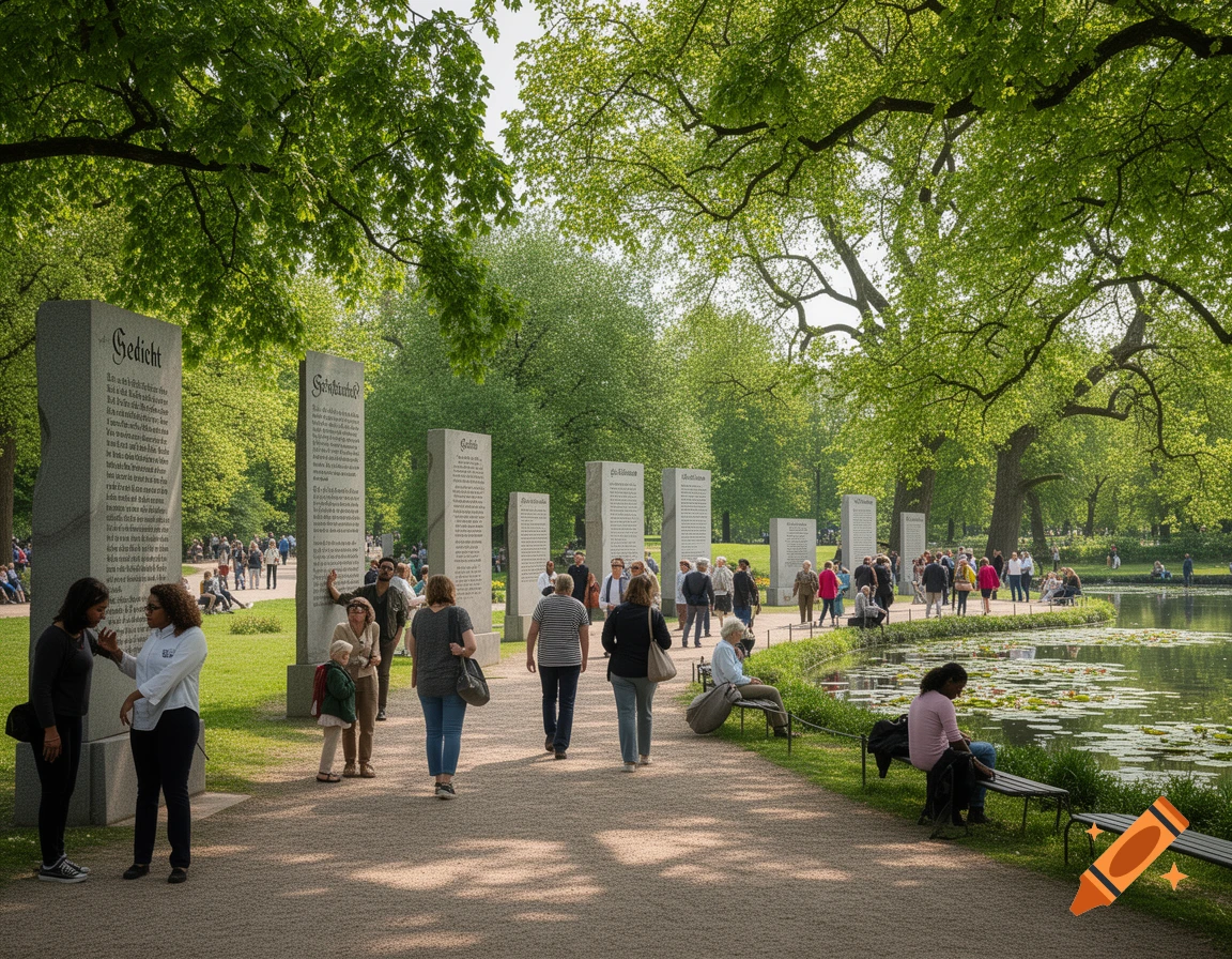 Many people walk through a lush green park with tall stone monuments beside a pond.