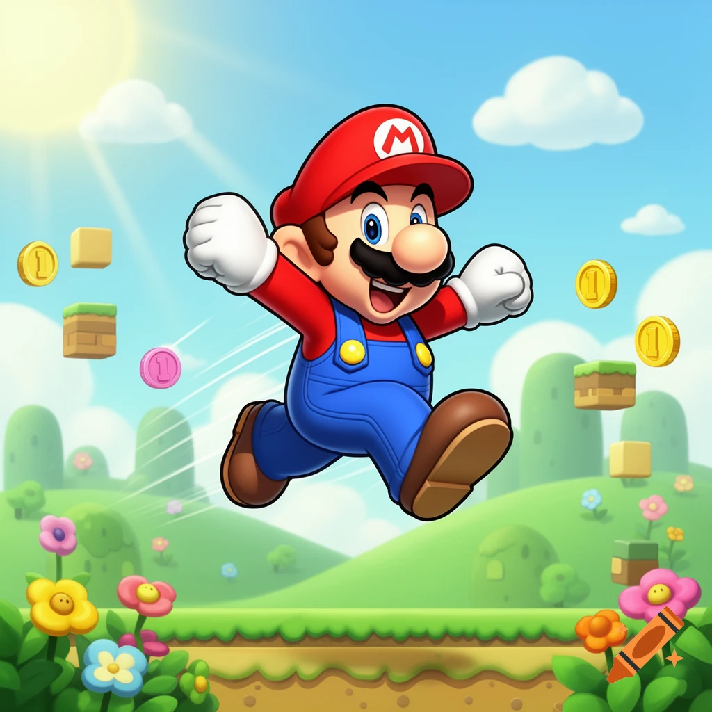 Mario jumps and runs through a vibrant green platformer landscape, collecting gold and pink coins under a sunny sky.