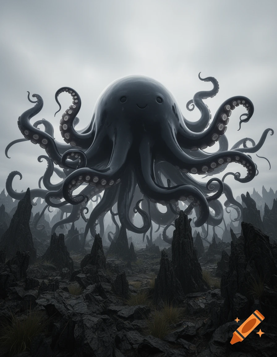 Gigantic cute dark tentacled monster with a blob-like body hovers over a desolate, rocky landscape under a grey sky.