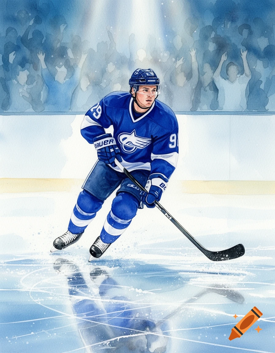 Watercolor painting of a hockey player in a blue jersey skating on ice with spectators in the background.