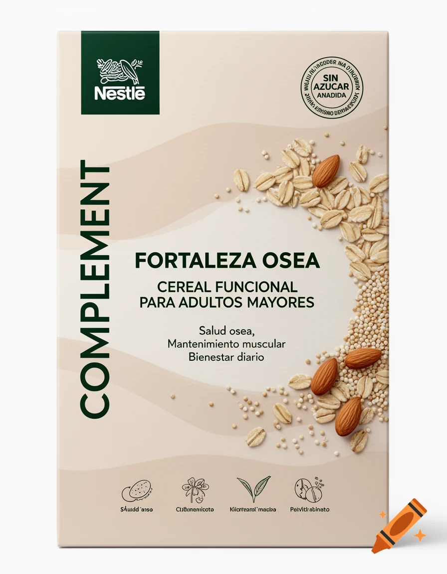 A premium functional cereal box for older adults, branded Nestle Complement, featuring oats, almonds, and quinoa on a beige background.