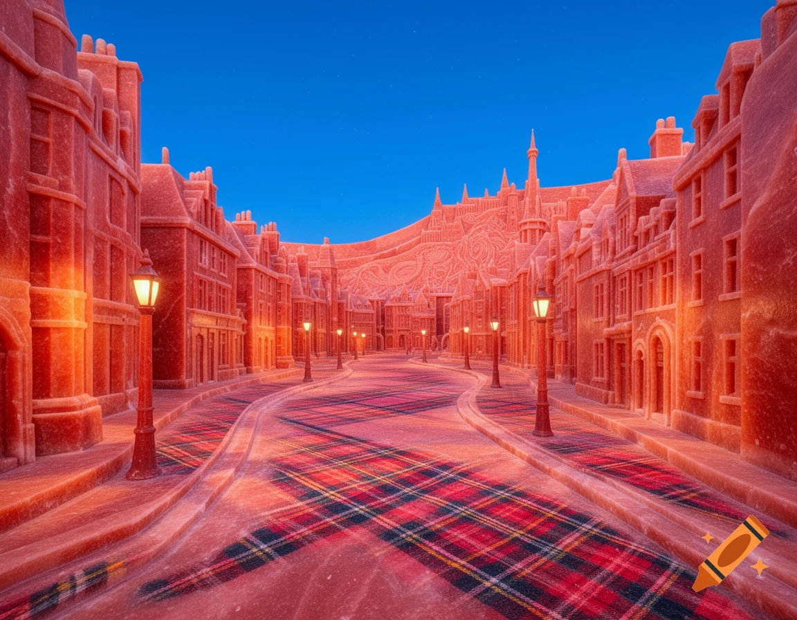A fantastical city street carved from red-orange salt with a Scottish tartan road, illuminated by street lamps under a blue evening sky.