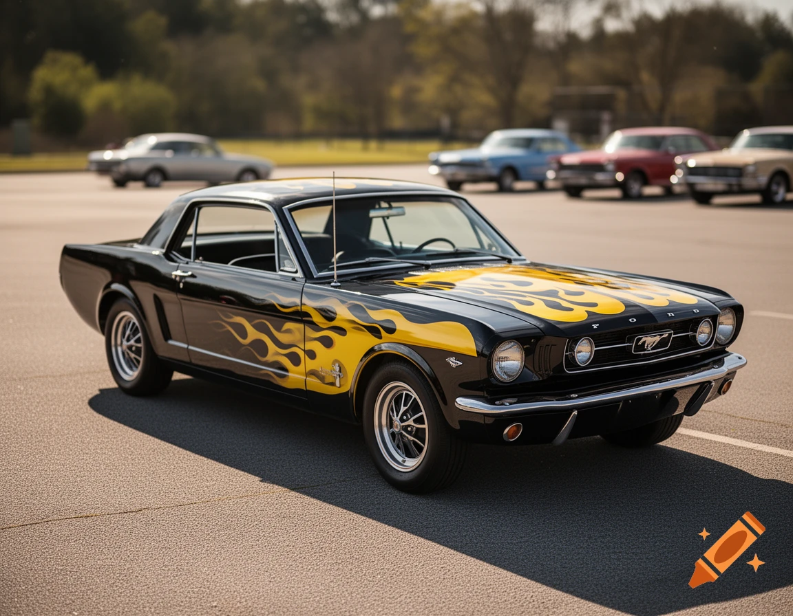 A black 1965 Ford Mustang with yellow flame decals parked on asphalt with other classic cars in the background.