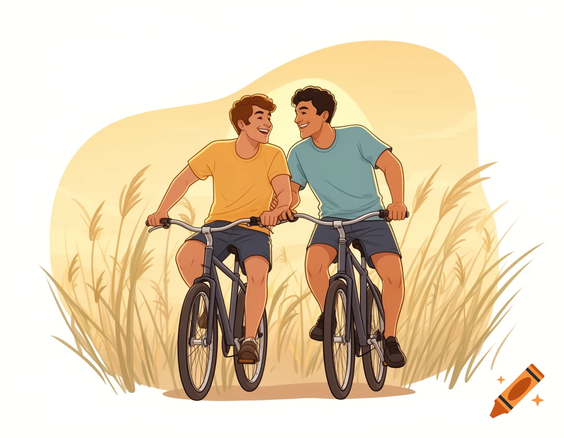 Two smiling men on bicycles ride through a golden field of tall grasses at sunset in a cartoon illustration.