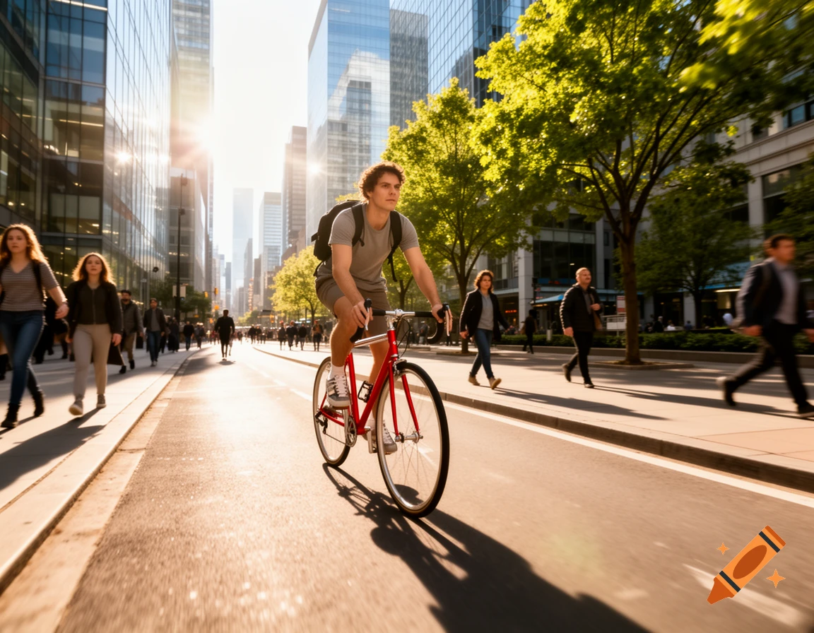 A young man cycles a red bike down a sunny city street with tall buildings and pedestrians, photorealistic.