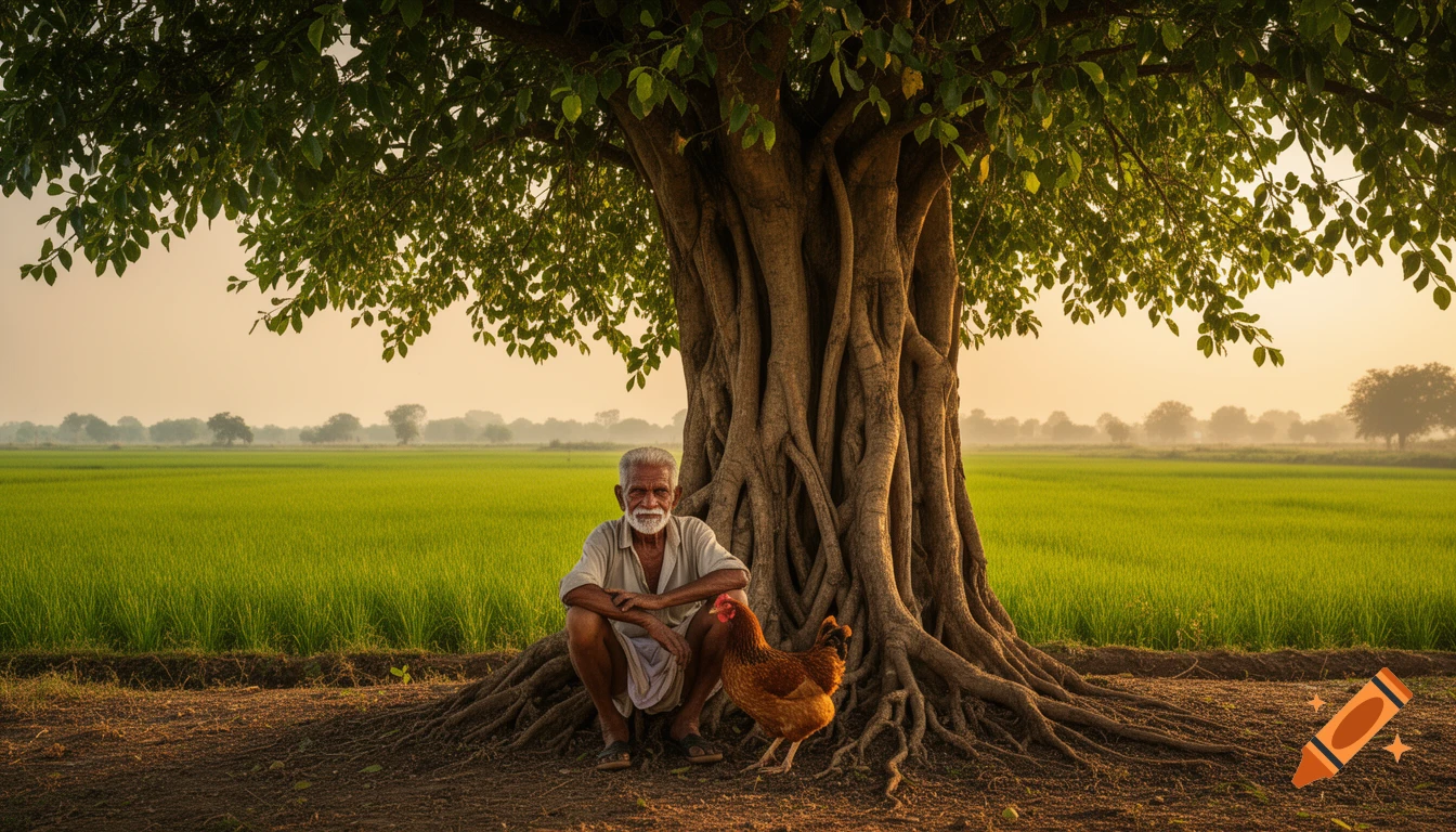 An Indian farmer squats under a large banyan tree with a friendly hen beside him, overlooking a lush green field at golden hour. Ultra realistic.