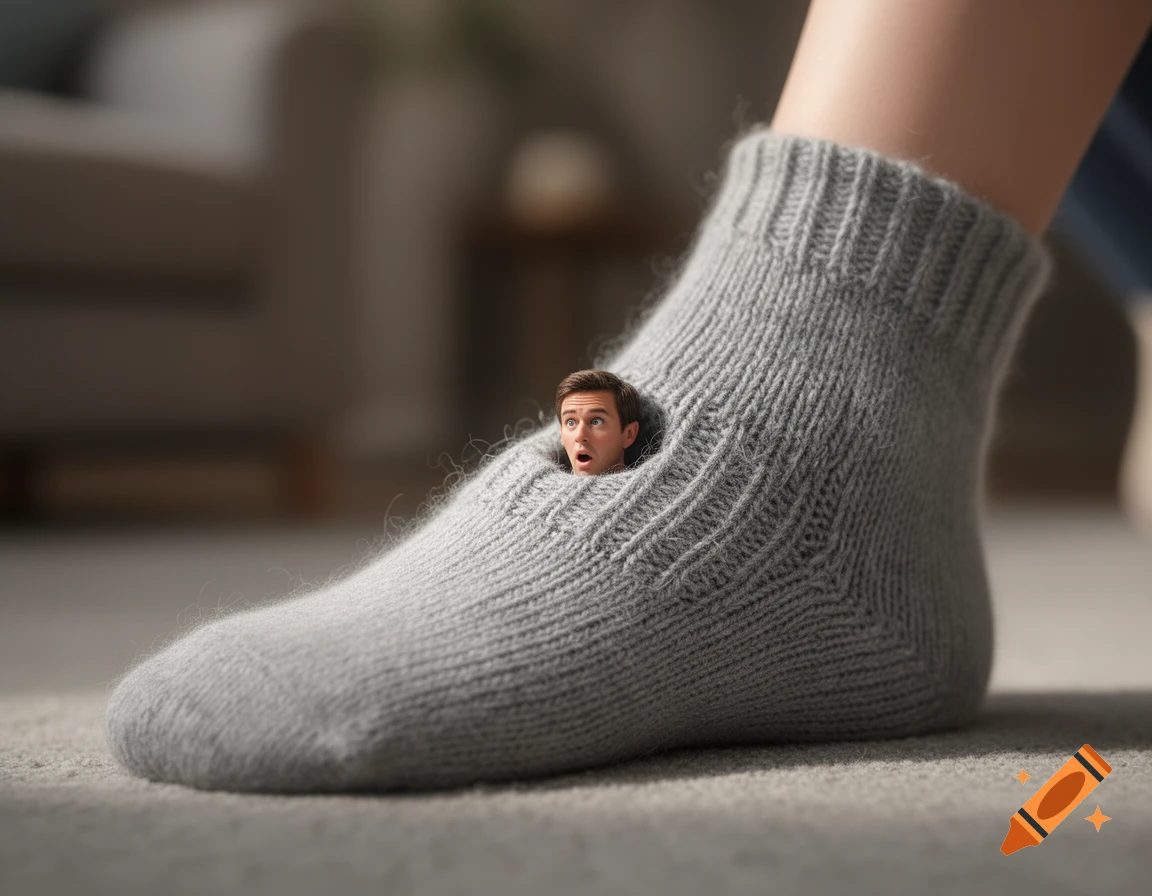 A tiny man with a surprised expression peeks out of a hole in a gray knitted sock being worn on a foot, photorealistic.