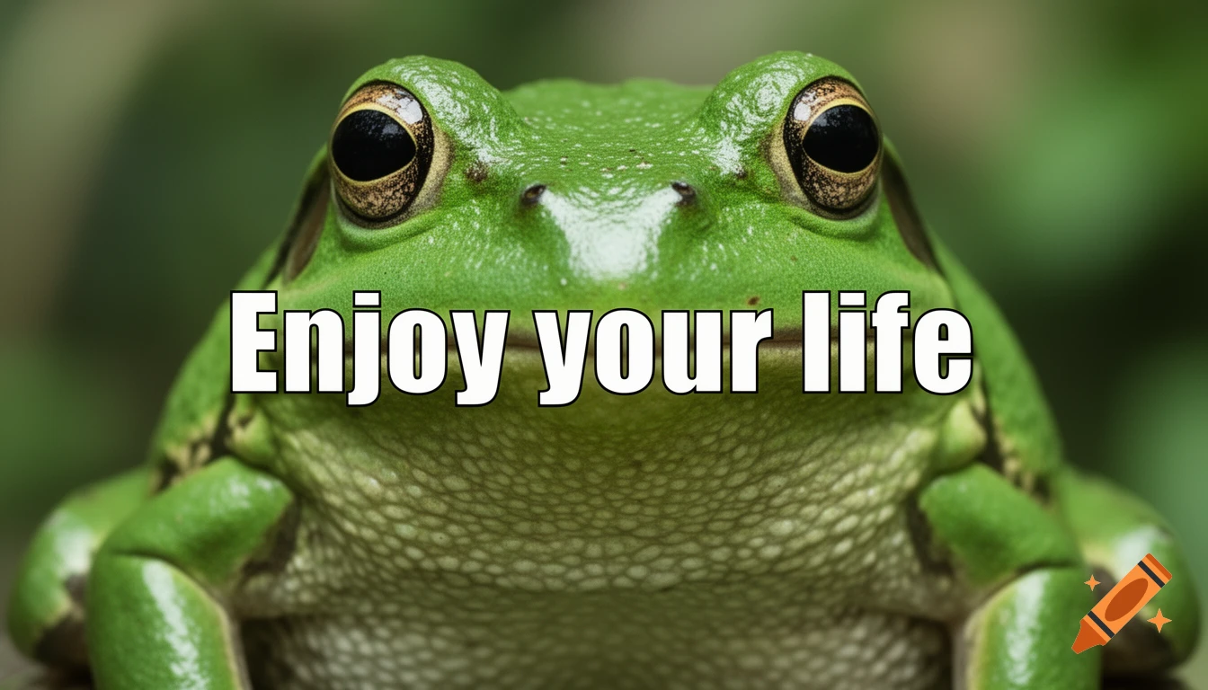 Close-up photorealistic image of a vibrant green frog looking forward, with the white text "Enjoy your life" centered across its body.