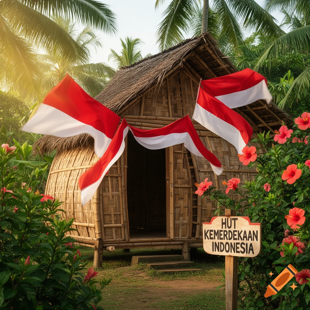 Photorealistic image of a traditional bamboo hut decorated with red and white Indonesian flags and red hibiscus flowers. A wooden sign reads 'HUT KEMERDEKAAN INDONESIA'.