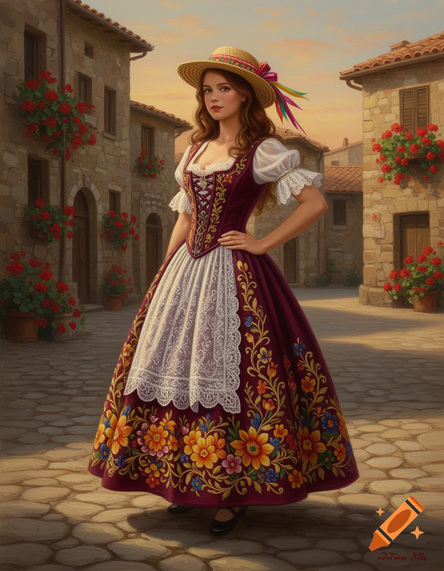 An illustrated woman in a vibrant Italian folk costume, wearing a straw hat and an embroidered maroon dress, stands on a cobblestone street.