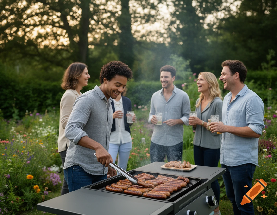 A group of smiling friends enjoys a garden barbecue, with a man grilling sausages and others holding drinks.