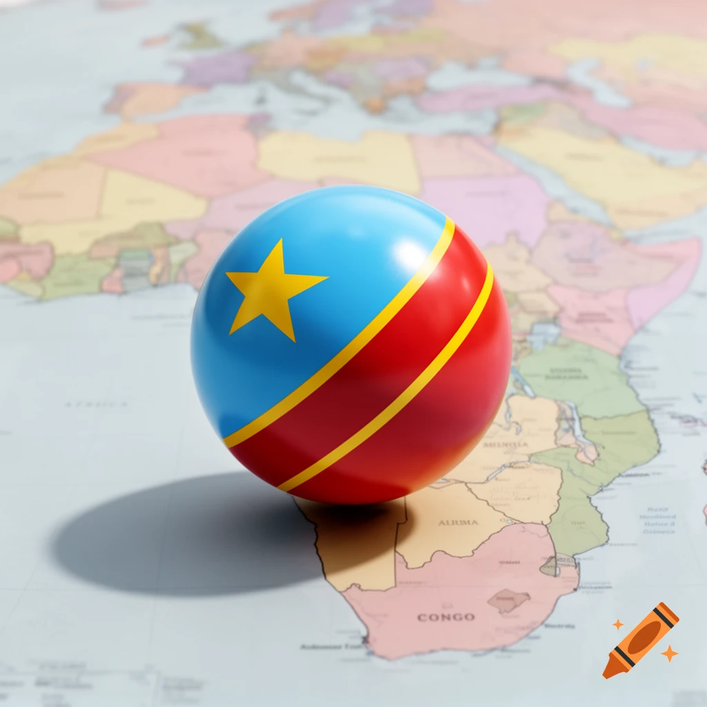 A 3D sphere representing the flag of Congo, resting on a blurred political map of Africa.
